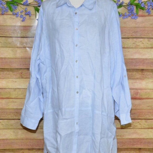 Tahari Womens Blue 100% Linen Button Up Tunic Blouse Size 2X Casual Lagenlook - Picture 7 of 13